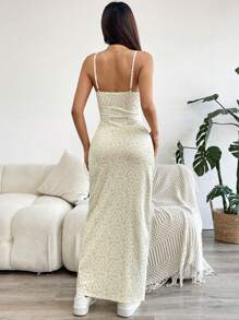 SHEIN EZwear 花卉印花吊带背心镂空大腿开衩连衣裙 - 黃色 - 查看 2