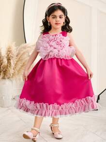 SHEIN Young Girl Woven Solid Color Round Neck Ruffle Hem Snug Fit Dress - Pink - View 1