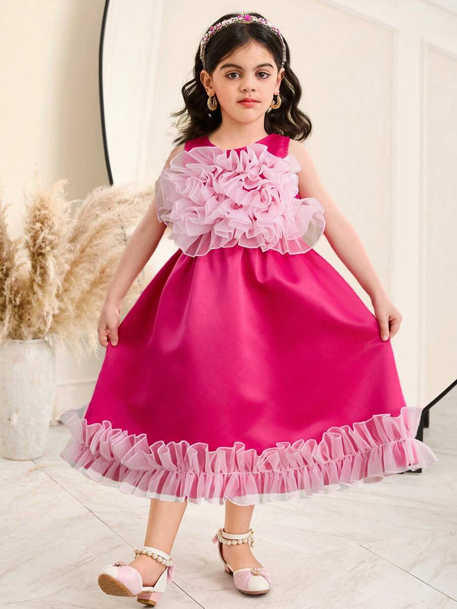 SHEIN Young Girl Woven Solid Color Round Neck Ruffle Hem Snug Fit Dress - Pink - View 1
