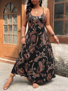 Breezaya Plus Size Resort Print Long Music Festival Dress - Black - View 3