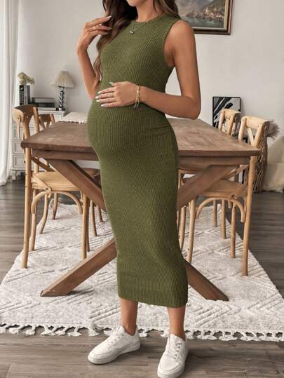 SHEIN Maternity Solid Color Round Neck Fitted Casual Dress Green
