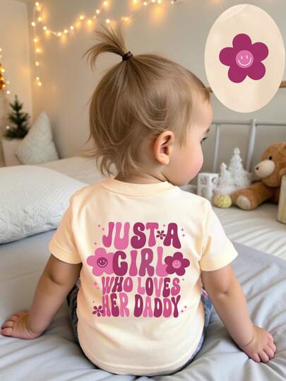 SHEIN Playful Pals Baby Girl Casual Fashionable Colorful Gradient Letter Slogan Graphic Print Basic Short Sleeve T-Shirt