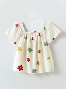 SHEIN Girls' Ditsy Floral Cute French Sweet Square Neck Puff Sleeve T-Shirt, Summer - Multicolor - View 2