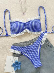 Swim Mod Blue Plaid Ruffled Spaghetti Strap Cute Swimwear Set For Women, Summer Beach Outfit - Blue - View 1