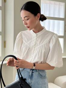 DAZY Mock Neck Puff Sleeve Blouse Fall - White - View 3