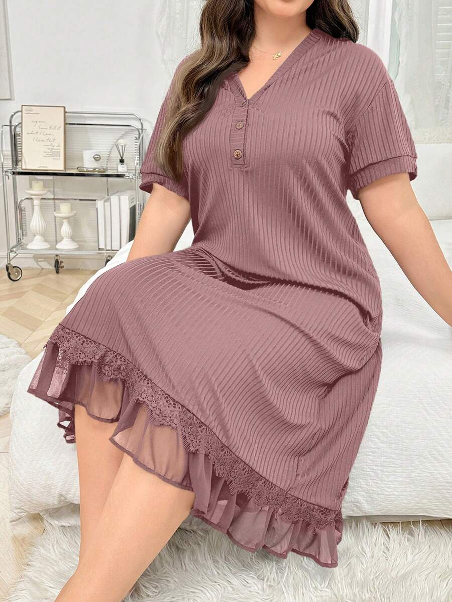 SHEIN Solid Color Lace Trim Ribbed Knit Nightgown - Dusty Pink - View 1