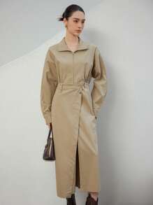 DAZY Khaki,Autumn,Elegant,Office Oversized Minimalist Asymmetrical Design Cinched Waist Shirt Dress With High Slit,Mid-Length Business Casual Work Clothes - Khaki - View 2