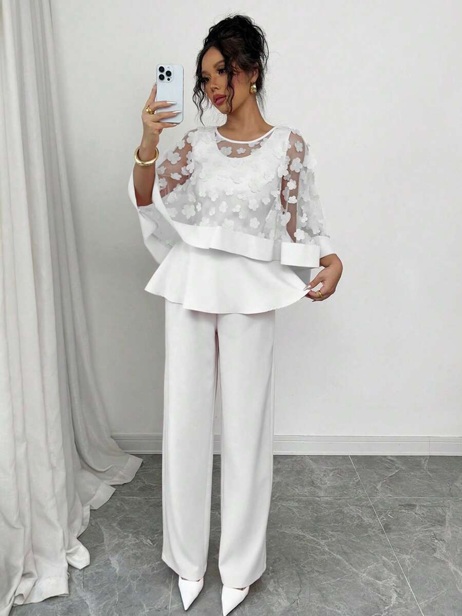 Elenzga 2pcs Set Women Standard Size Crew Neck Butterfly Cape Decor Mesh Panel Top And Solid Color Straight Pants - White - View 1