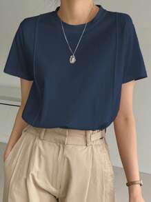 Dazy-Less 纯色缝线细节T恤，复古风格商务休闲女士工作服 - 藏蓝色 - 查看 6