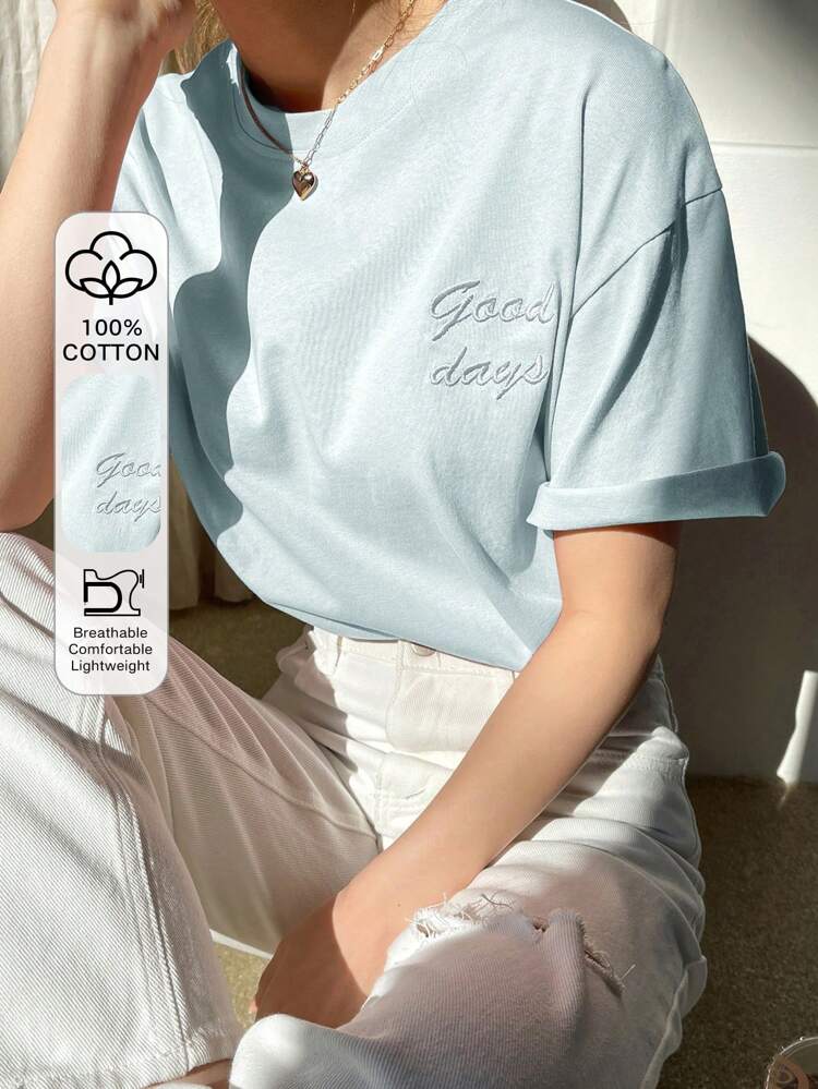 Letter Embroidery Drop Shoulder Tee Summer Preppy Tops