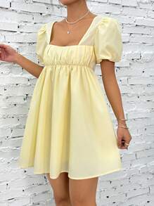 SHEIN EZwear 女士后系带泡泡袖迷你连衣裙 - 黃色 - 查看 2