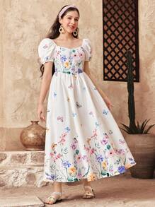 SHEIN Robe de vacances à encolure carrée, manches bouffantes et fleurs blanches pour adolescentes, convient pour les vacances, les festivals, les brunchs et les festivals de musique