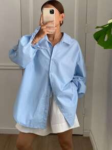Livesso Blusa suelta de unicolor con cuello vuelto, espalda descubierta y lazo, de manga larga, para mujer, ropa de otoño - Azul - Ver 2
