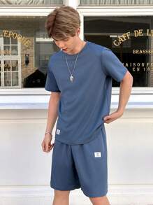 SHEIN 青少年男孩休閒拼接編織標籤細節圓領T卹連傾斜口袋短褲套裝 - 藍色 - 查看 7