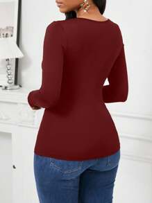 SHEIN Lady 2025 New Women Autumn Elegant Mesh Splice Fitted Long Sleeve Burgundy T-Shirt,Red Top,Christmas,Red Top - Redwood - View 2