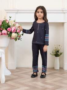 2pcs/Set Little Girls Minimalist Pattern Long Sleeve Top And Pants Set, Black Background - Black - View 7