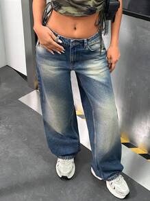 Low Waist Vintage Wash Straight Jean Low Rise Jeans - Medium Wash - View 4