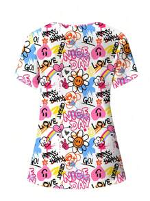 PopScrub Women Graffiti Allover Print Short Sleeve Scrub Uniform Top - Multicolor - View 2
