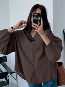 DAZY Ladies' Solid Color Simple Daily Long Sleeve Shirt,Fall Clothes - Coffee Brown - View 4