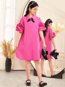 SHEIN Tween Girls' Casual Elegant Collared Floral Decor Satin Bow Accent A-Line Pearl Button Front Woven Solid Dress - Hot Pink - View 3