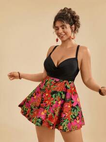 Travachic Plus Size Tropical Print Beach Dress, Pineapple&Flower Pattern Splicing Sleeveless Dress & Black Swimwear Set, Summer - Multicolor - View 5