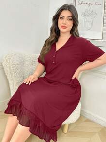 SHEIN Camisón de punto acanalado con ribete de encaje para mujer de talla grande - Rojo - Ver 5