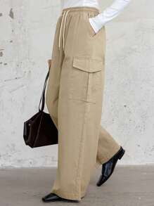 DAZY Loose Cargo Style Casual Straight Leg Women Pants With Big Pockets - Khaki - View 4
