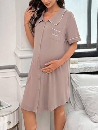 Maternity Dress With Pocket, Letter Embroidery, Contrast Color Trim And Peter Pan Collar