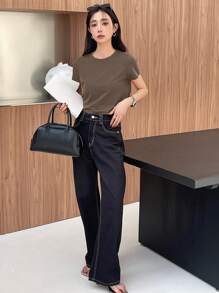 DAZY 女士休闲纯色刺绣爱心短袖T恤夏季，商务休闲女装 - 咖啡棕 - 查看 5