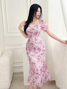 DAZY 女士方领短袖全印花连衣裙花卉太阳裙 - 粉色 - 查看 6