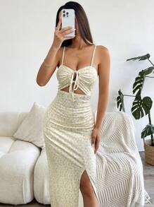 SHEIN EZwear 花卉印花吊带背心镂空大腿开衩连衣裙 - 黃色 - 查看 6