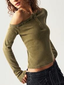 Bohemela BOHO Solid Color Asymmetrical Shoulder Long Sleeve Slim Fit Women T-Shirt