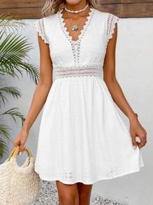 SHEIN Frenchy Đầm ngắn tay đèn lồng ren màu tương phản đơn sắc thường ngày cho nữ, thanh lịch - trắng - Xem 8