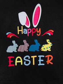 SHEIN Young Girls Casual Style Black Round Neck Rabbit Print Short Sleeve Top + Rabbit Print Pants 2 Pieces Set, New Spring/Summer