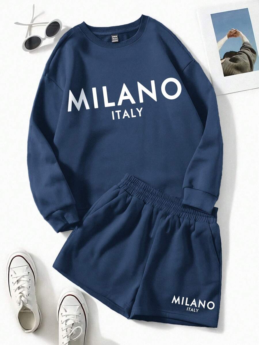 Slaydiva Bộ 2 quần nỉ dài tay cổ tròn in họa tiết khẩu hiệu Milano, dáng rộng cho nữ, mùa xuân/thu - Màu xanh hải quân - Xem 1