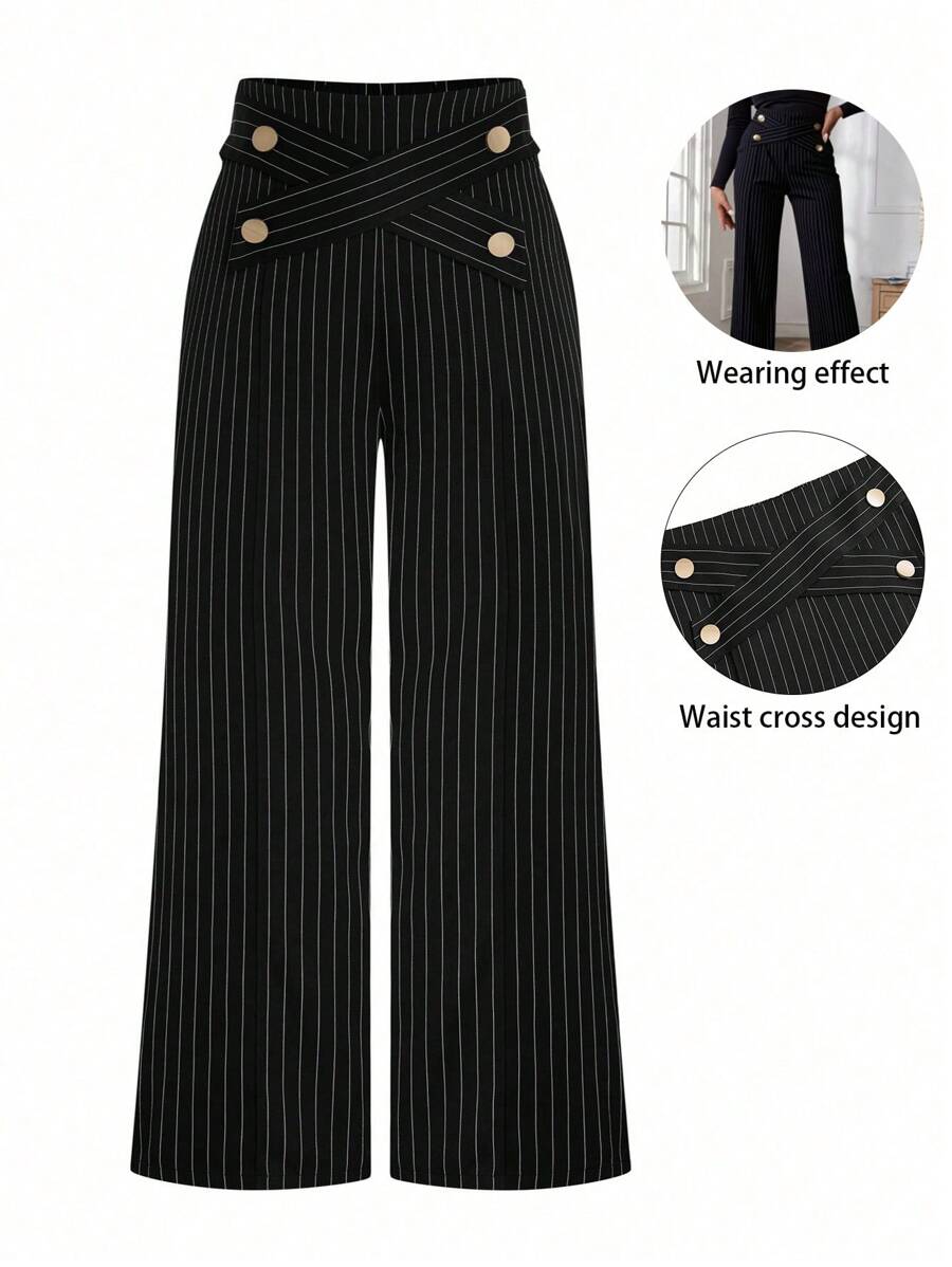 Rometta Plus Size Women Straight-Leg Striped Casual Pants For Commuting Fall Cloth For Women - Black and White - View 1