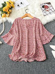 SHEIN LUNE Plus Size Vacation Casual Ditsy Floral Trumpet Sleeve Shirt