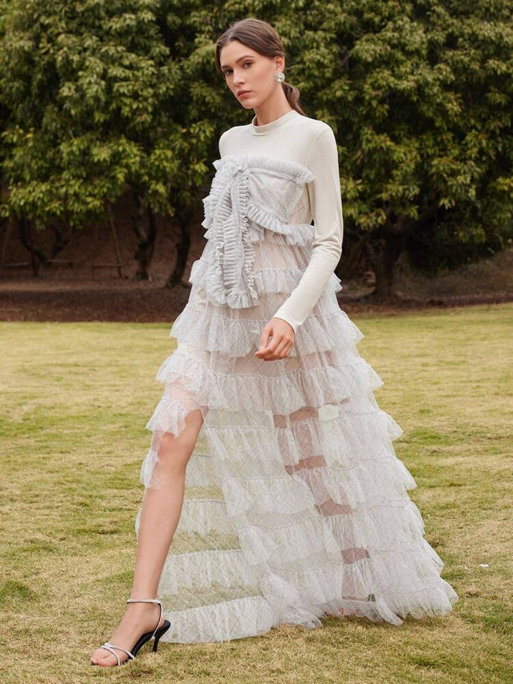 チュール プリーツ ミニワンピース 蝶デコレーション、マルチレイヤー フレアシフォン シアードレス フェスティバル、外出着、休暇の服装 レディース