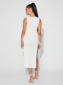 SHEIN Unity 春季系带侧开衩修身节日夏季长裙端庄度假春假婚礼宾客特殊场合新娘晚宴舞会服装女士 - 杏色 - 查看 3