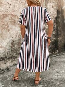 EMERY ROSE 大码女式拼色条纹圆领连衣裙 - 彩色 - 查看 2