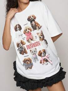 Easelle Camiseta de calle para mujer con cuello redondo, mangas caídas y estampado de perro con letra
