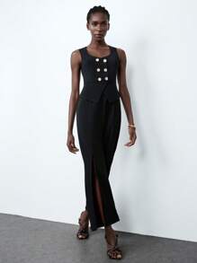 SHEIN ChicEase Mono elegante y a la moda de mujer con cintura marcada y botones metálicos cruzados - Negro - Ver 6