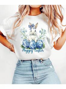 Women's Easter Rabbit & Egg Print Round Neck Short Sleeve Casual Loose Fit Versatile T-Shirt, For Gift - White - View 3