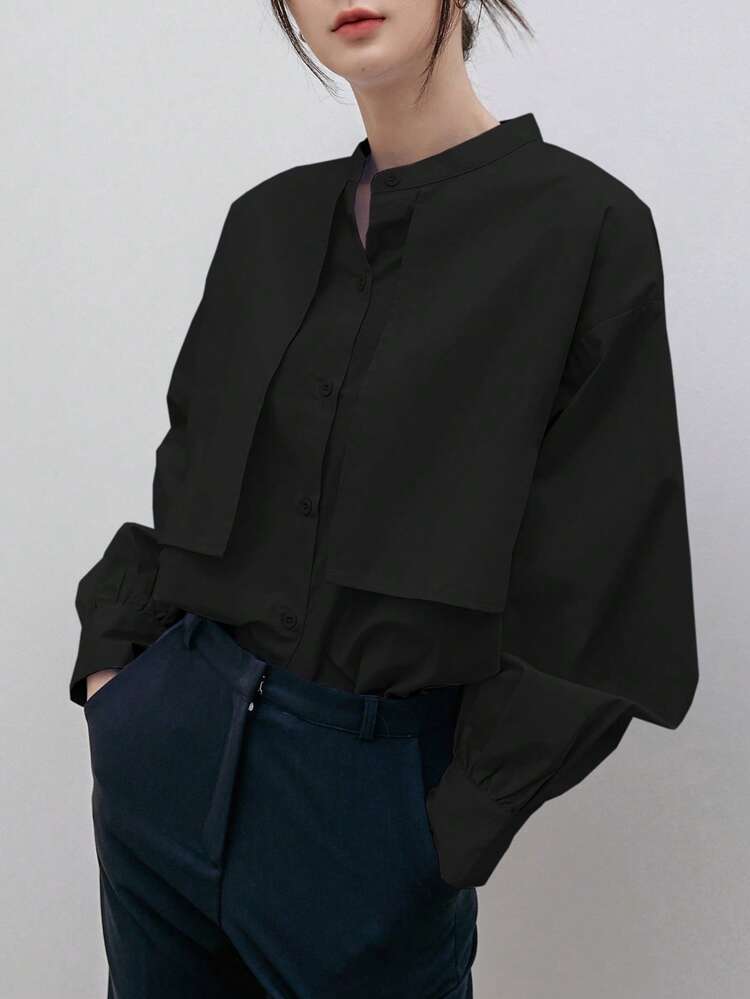 Solid Button Front Drop Shoulder Shirt Long Sleeve Top