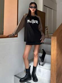 DAZY Letter Graphic Contrast Raglan Sleeve Tee Jersey,Fall Clothes Long Sleeve Women Tops - Multicolor - View 4