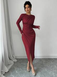Elenzga Elegantes Damen Unifarben Arbeitskleid, figurbetonter Form, Rundhalsausschnitt, umklappbarem Kragen, Langarm, Bodycon-Stil, Maxikleid für Frühling/Herbst/Winter