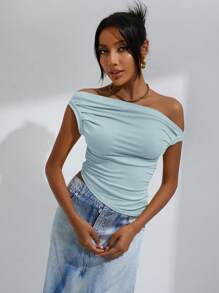 EMERY ROSE Top corto con cuello asimétrico y fruncido en los lados - Celeste - Ver 4