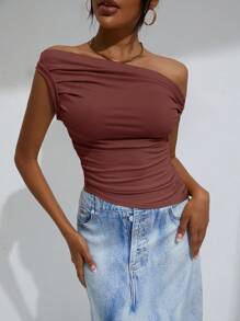 EMERY ROSE Solid Ruched Side Asymmetrical Neck Crop Top  - Coffee Brown - View 6