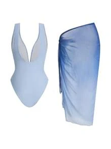 Swim Oasis Plus Size Women's Colorblock Twist Front One-Piece Swimsuit With Cover Up Skirt, For Summer Beach Vacation - Blue - View 2