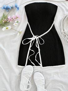 Soleia Casual & Comfortable Color Block Lace-Up Fitted Sweater Dress - Black - View 6